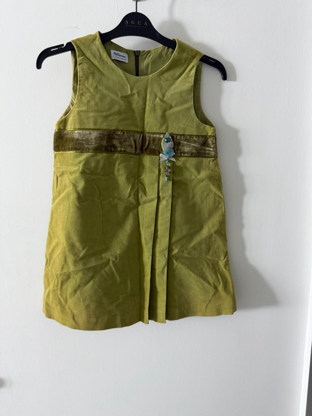 Girls Formal Olive Green Velvet-Trim Dress